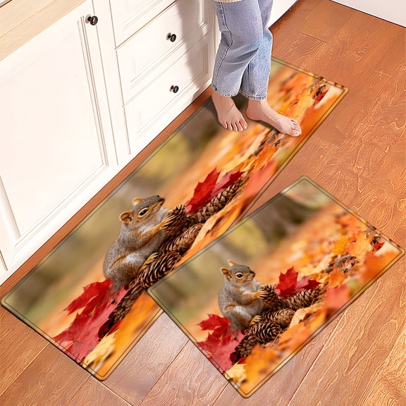 CCTFS Autumn Squirrel Fall Kitchen Rugs Set of 2, Xmas Holiday Kitchen Mat Decor Home Decorations, Green Christmas Mats for Kitchen Floor - 16''*24'' and 17''*47'' in