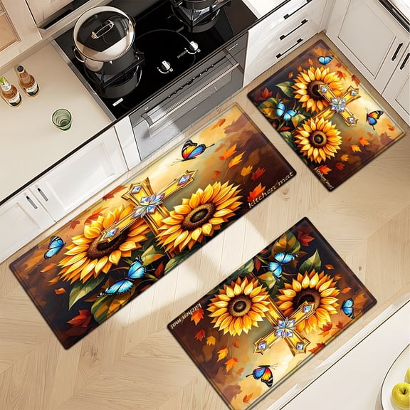 CCTFS Autumn Sunflower Cross in Warm Colors 3Pcs Flannel Mat & Kitchen Rugs Set,16''×24'' 20''×30'' 17''×47'' Inches,Soft Non-slip for Home Bathroom