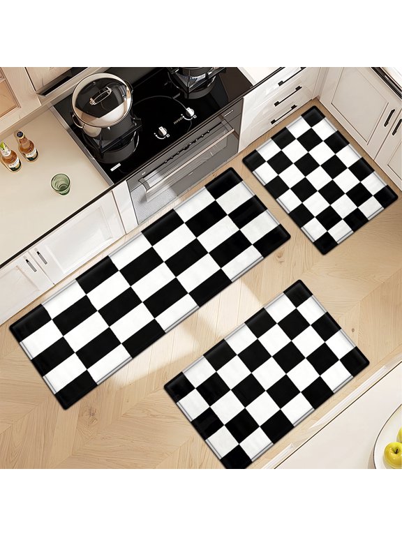 Black and white checkered pattern 3Pcs Flannel Mat & Kitchen Rugs Set,16''×24'' 20''×30'' 17''×47'' Inches,Soft Non-slip for Home Bathroom