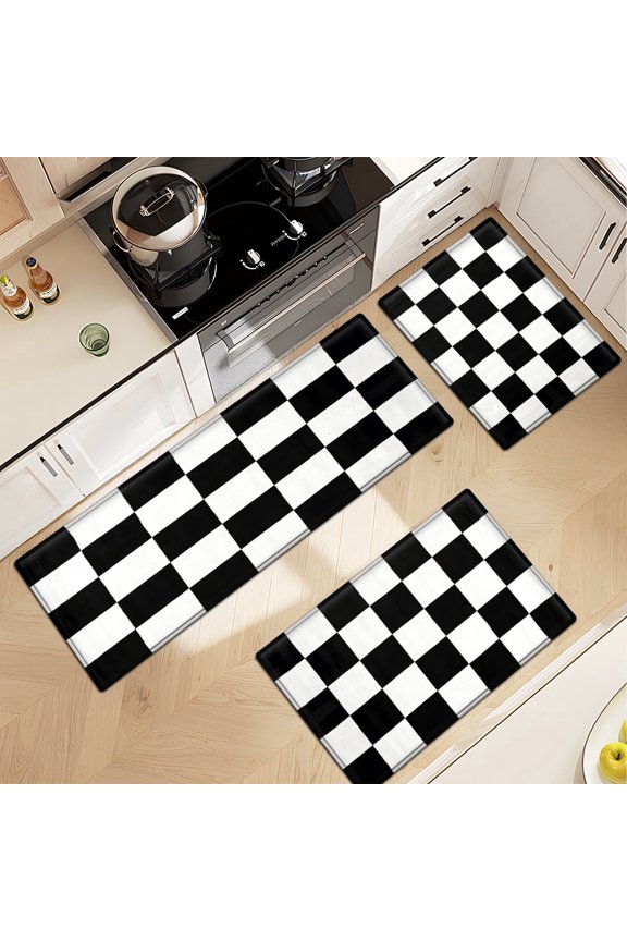 Black and white checkered pattern 3Pcs Flannel Mat & Kitchen Rugs Set,16''×24'' 20''×30'' 17''×47'' Inches,Soft Non-slip for Home Bathroom