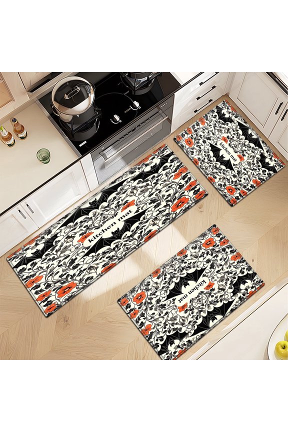 Black bats for Halloween Multi-purpose 3-Piece Flannel Mat and Kitchen Rugs,Soft Non-slip for Home Bedroom Bathroom