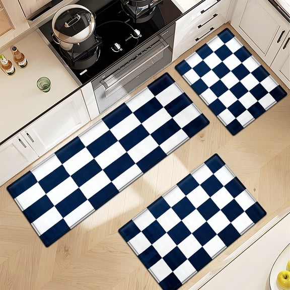 CCTFS Blue and white checkered fabric Household 3Pcs Flannel Mat and Kitchen Rugs,Soft Non-slip for Bedroom Entryway