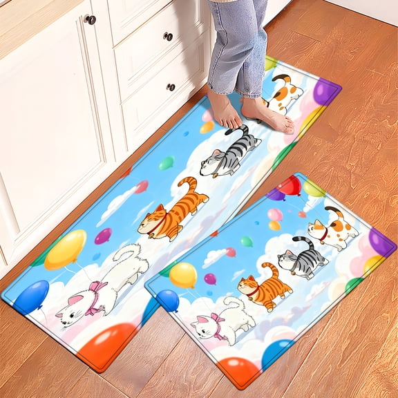 CCTFS Cat Color Balloon Fall Kitchen Mats Set of 2,Xmas Winter Seasonal Farmhouse Home Seasonal Decorations Rugs for Floor - 16''*24'' and 17''*47'' in