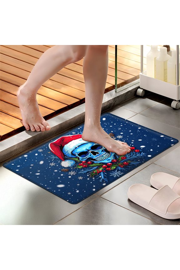 Christmas Blue Skull Snowflake Soft Touch 1Pc Flannel Mat & Kitchen Rugs,Non-slip for Home Decoration Bathroom Entry