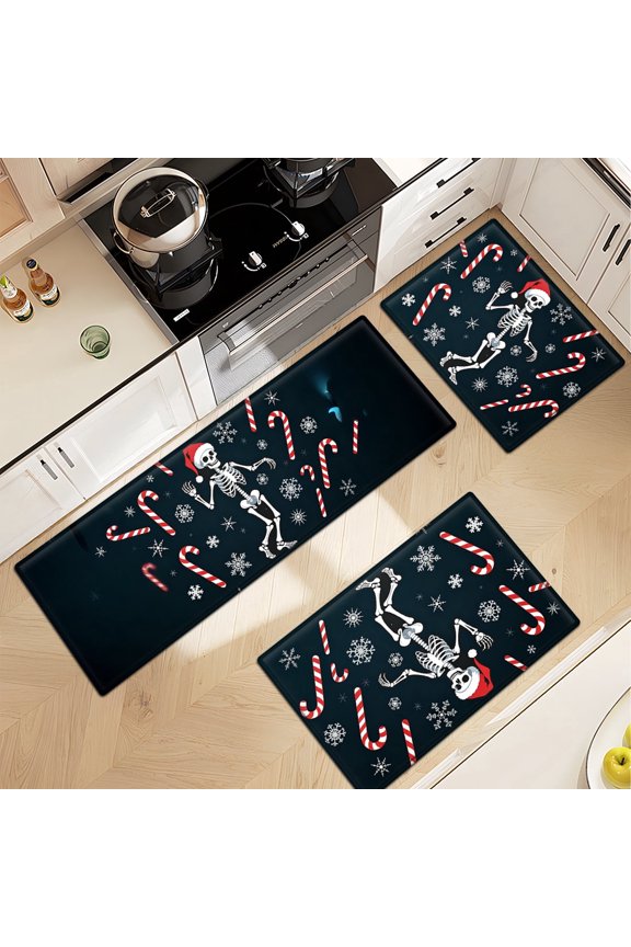 Christmas wind skull candy cane 3Pcs Flannel Mat & Kitchen Rugs Set,Soft Non-slip,16''×24'' 20''×30'' 17''×47'' Inches,for Entryway Bathroom