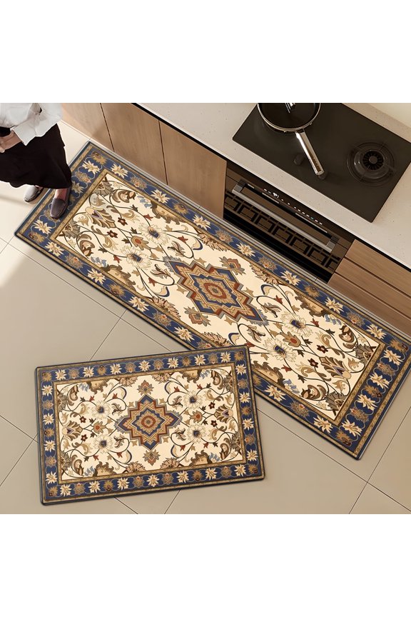Classic Floral Rug Non-slip Soft 2-Piece Flannel Mat and Kitchen Rugs,Suitable for Bedroom Bathroom