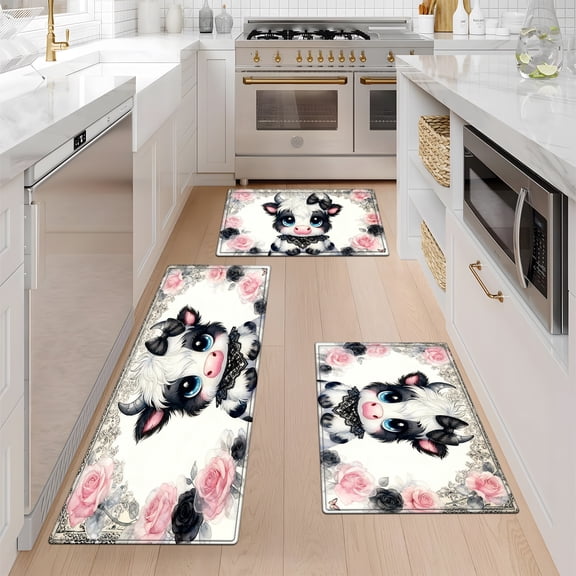 CCTFS Cow Rose Fall Kitchen Rugs Non Skid Washable Area Carpet [Made in USA], Multi - 3 Pcs 16''*24''/20''*32''/47''*18''