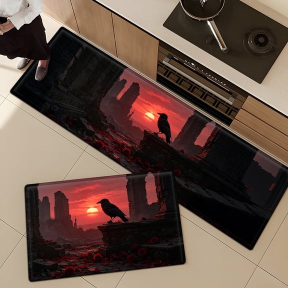 CCTFS Dark Goth Red Rose Raven Daily Use 2Pcs Flannel Mat and Kitchen Rugs,Soft Non-slip for Home Entryway Bathroom