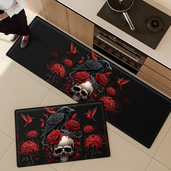 CCTFS Dark Goth Skull Red Flower Raven Soft Non-slip 2Pcs Flannel Mat and Kitchen Rugs,16''x24'' & 17''x47'',for Bathroom Entryway Bedroom