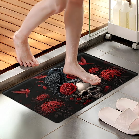 CCTFS Dark Goth Skull Red Flower Raven Soft Touch 1Pc Flannel Mat & Kitchen Rugs,Non-slip for Home Decoration Bathroom Entry