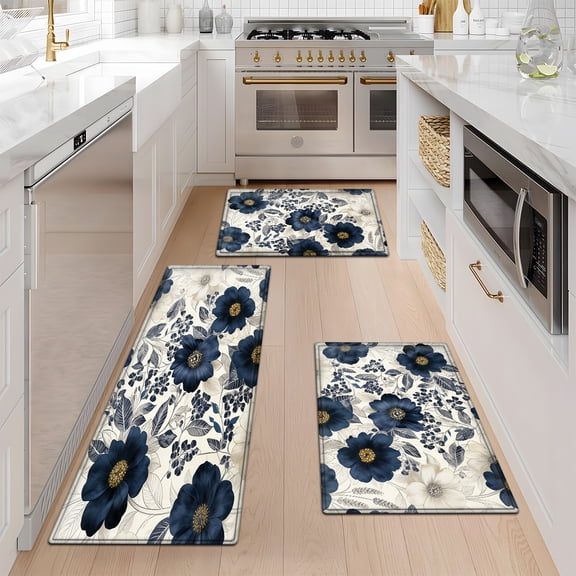 CCTFS Deep Blue Floral Pattern rug Soft Non-slip 3Pcs Flannel Mat & Kitchen Rugs,Great for Entryway Bathroom
