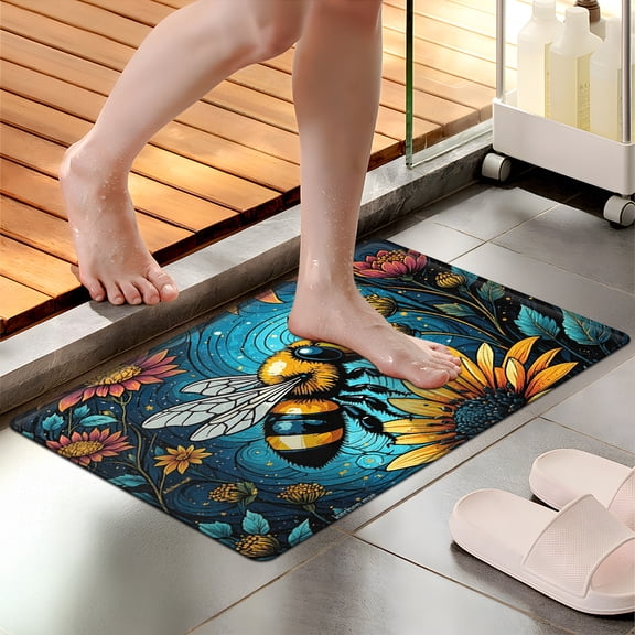 CCTFS Dream Blues Bees Picking Flowers Multi-purpose 1-Piece Flannel Mat and Kitchen Rugs,Soft Non-slip for Home Bedroom Bathroom