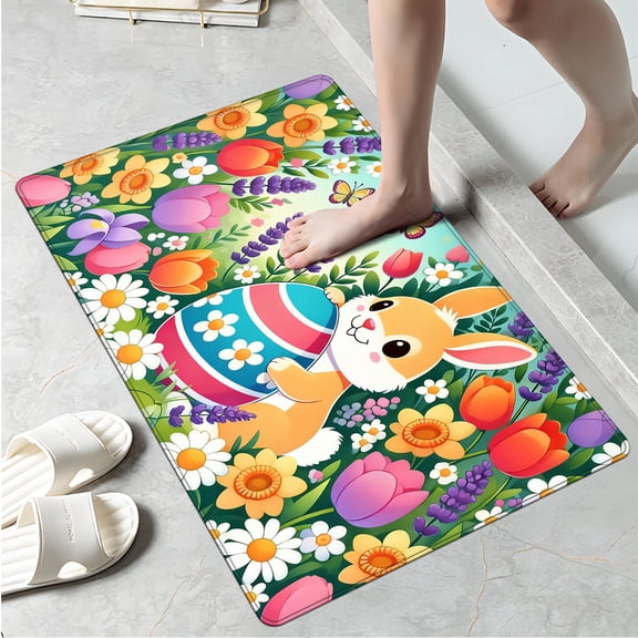 CCTFS Easter Bunny Flower Basket Kitchen Mat Rug - 1Pcs Perfect for Kitchen Counter, 16''*24'', Functional for Decoration