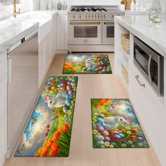 CCTFS Easter Bunny Rainbow Machine Washable Non-Slip Rubberback Indoor Runner Rug/Area Rug for Kitchen, Hallway, Kitchen, Entryway, Bathroom, 3 Piece Set - 16''*24''/20''*32''/47''*18''