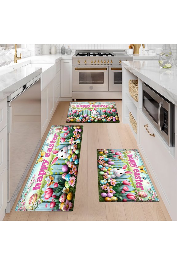 Easter Butterfly Bunny Kitchen Mat Rug Set - 3 Pcs Perfect for Kitchen Counter, 16''*24''/20''*32''/47''*18'', Functional for Decoration