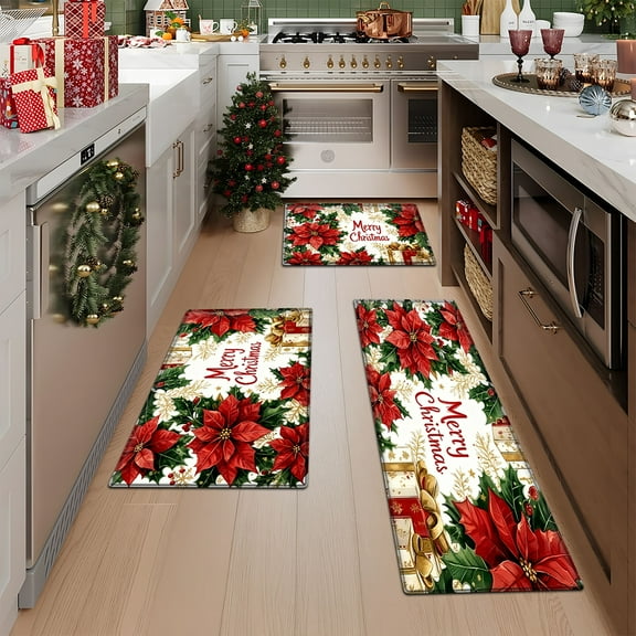 CCTFS Flannel printed Christmas kitchen decoration mats, kitchen mats bathroom mats door mats area mats carpets Red Flower Christmas Mat -15.7'' x 23.6'' 19.7'' x 31.5'' 17.7'' x 47.2''