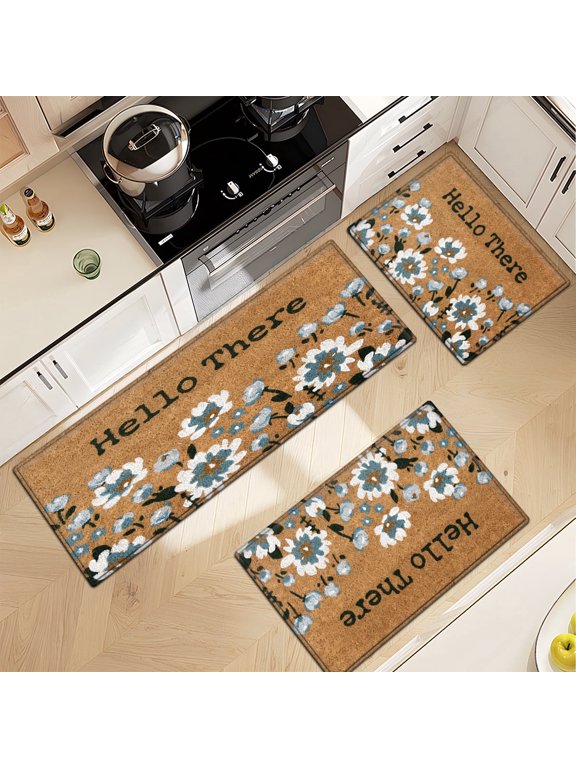 Flowers Welcome Guests Floral rug Soft Non-slip 3Pcs Flannel Mat & Kitchen Rugs,Great for Entryway Bathroom