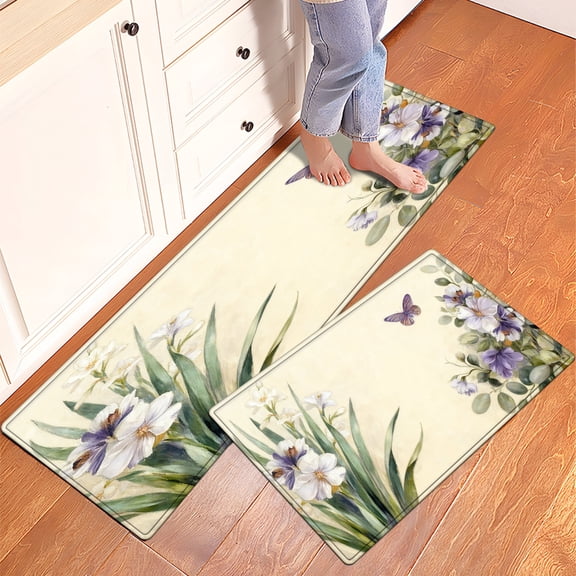 CCTFS Flowers and butterflies in spring Machine Washable Non-Slip Rubberback Indoor Runner Rug/Area Rug for Kitchen, Hallway, Kitchen, Entryway, Bathroom, 2 Piece Set - 16''*24''/47''*18''