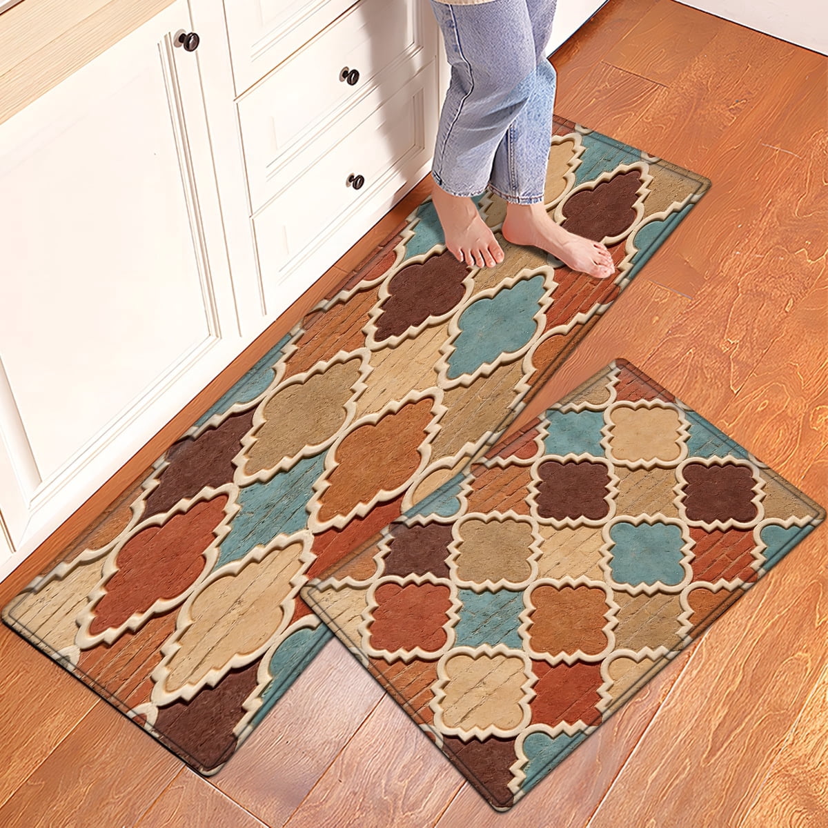 CCTFS Geometric Brick Pattern Flannel Floor Mat & Kitchen Rugs 2-Piece ...