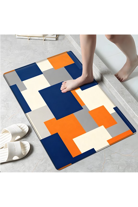 Geometric style blue and orange squares 1Pc Everyday Flannel Mat & Kitchen Rugs,Soft Non-slip for Bathroom Bedroom
