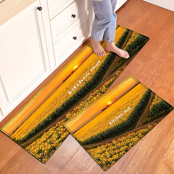 CCTFS Golden Sunset Sunflower Flower Sea 2Pcs Versatile Flannel Mat & Kitchen Rugs,Soft Non-slip for Bathroom Entryway
