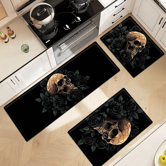 CCTFS Gothic Black Rose Skull Soft Touch 3Pcs Flannel Mat & Kitchen Rugs,Non-slip for Home Decoration Bathroom Entry