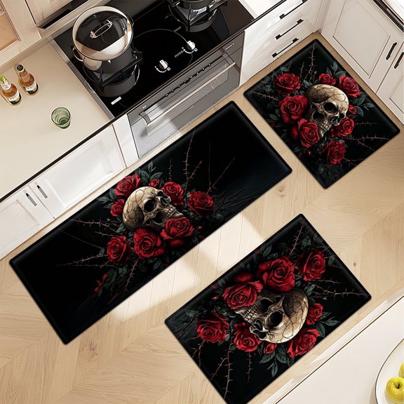 CCTFS Gothic Skull Red Rose Household 3Pcs Flannel Mat and Kitchen Rugs,Soft Non-slip for Bedroom Entryway