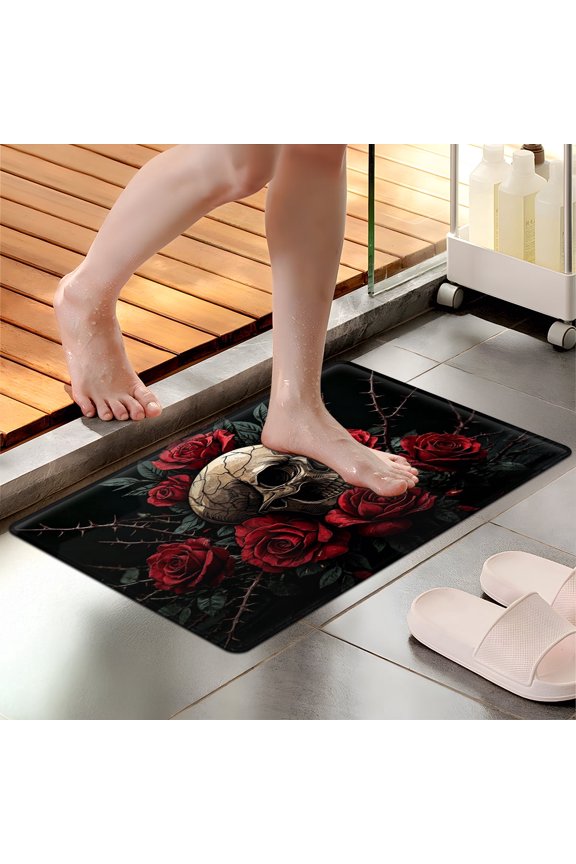 Gothic Skull Red Rose Soft Non-slip 1Pc Flannel Mat and Kitchen Rugs,16''x24'',for Bathroom Entryway Bedroom