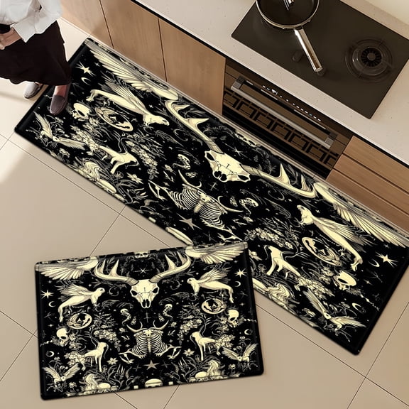 CCTFS Gothic Skull Skull Non-slip Soft 2-Piece Flannel Mat and Kitchen Rugs,Suitable for Bedroom Bathroom