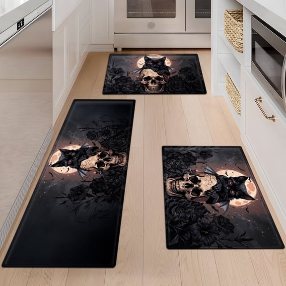 CCTFS Halloween Black Cat Skeleton Moon Night Bat 3Pcs Flannel Mat & Kitchen Rugs Set,16''×24'' 20''×30'' 17''×47'' Inches,Soft Non-slip for Home Bathroom