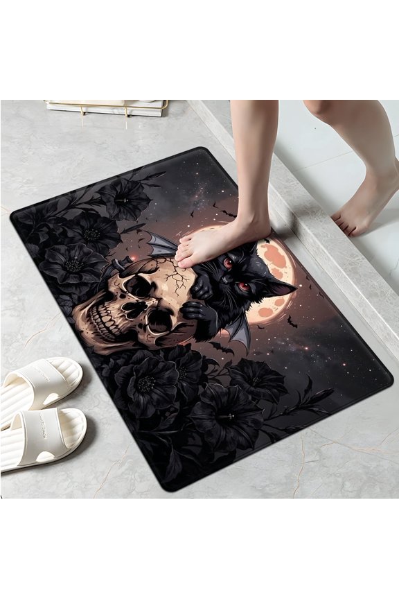 Halloween Black Cat Skeleton Moon Night Bat Soft Non-slip 1Pc Flannel Mat & Kitchen Rugs,Great for Entryway Bathroom