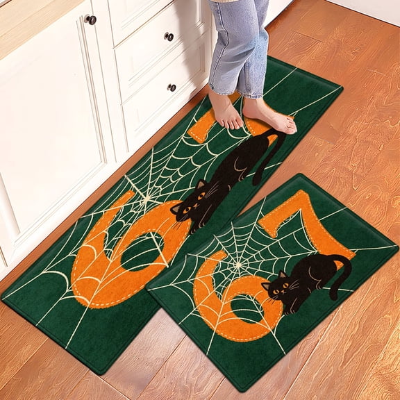 CCTFS Halloween Black Cat Spider Web 2Pcs Home Flannel Mat & Kitchen Rugs,Soft Non-slip for Bathroom Entryway