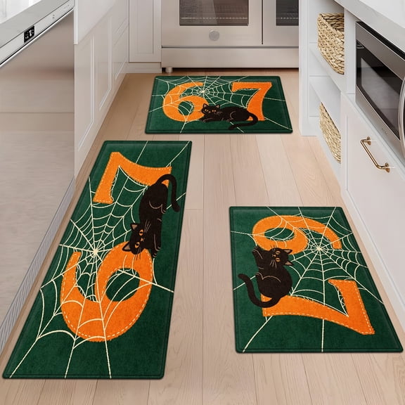 CCTFS Halloween Black Cat Spider Web 3Pcs Flannel Mat and Kitchen Rugs Set,Soft Non-slip,Perfect for Home Bathroom