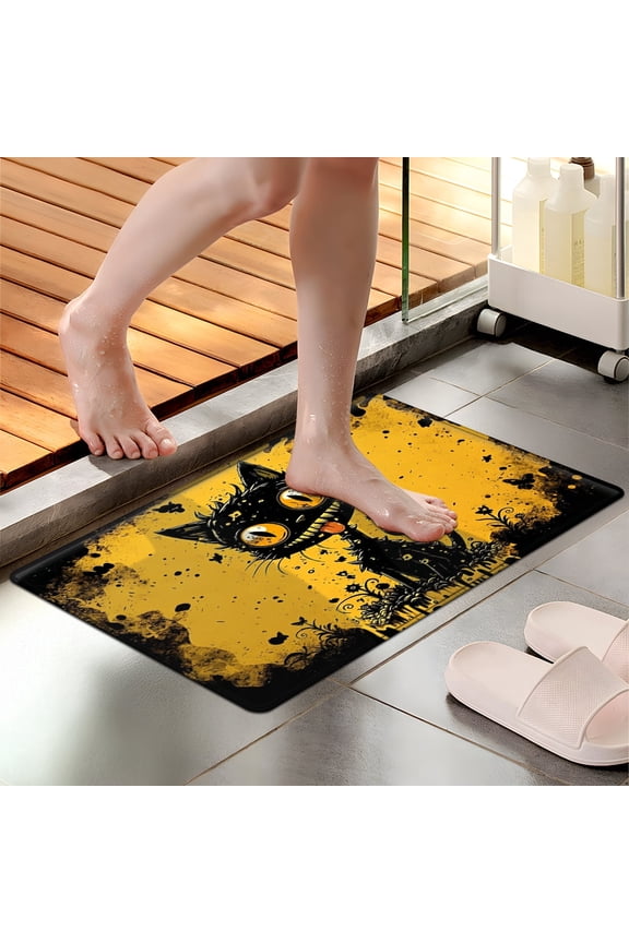 Halloween Black Cat Yellow Butterfly Ink 1Pc Flannel Mat & Kitchen Rugs,Soft Non-slip,16''×24'' Inches,for Entryway Bathroom