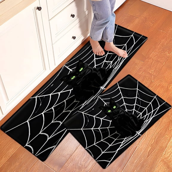 CCTFS Halloween Black Cat with Green Eyes Non-slip Soft 2-Piece Flannel Mat and Kitchen Rugs,Suitable for Bedroom Bathroom