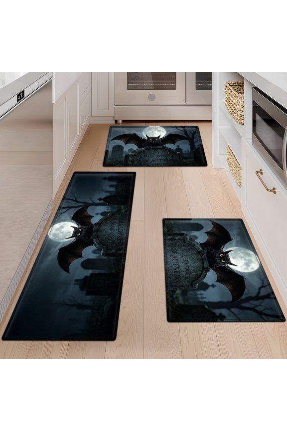 Halloween Black Owl Soft Non-slip 3Pcs Flannel Mat & Kitchen Rugs,Great for Entryway Bathroom