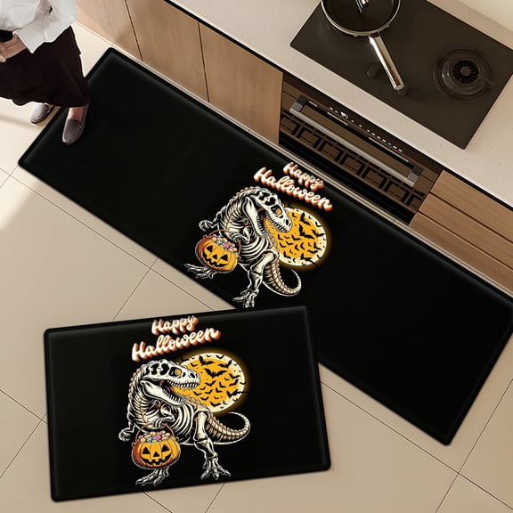CCTFS Halloween Dinosaur Skeleton Jack-o '-lantern Moon Bat 2Pcs Home Flannel Mat & Kitchen Rugs,Soft Non-slip for Bathroom Entryway