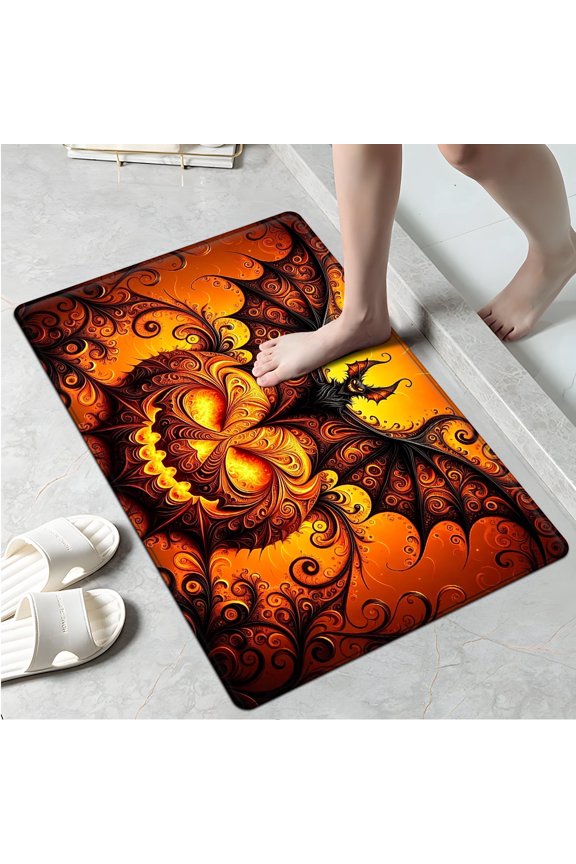 Halloween Flame Pumpkin Bat 1Pc Everyday Flannel Mat & Kitchen Rugs,Soft Non-slip for Bathroom Bedroom