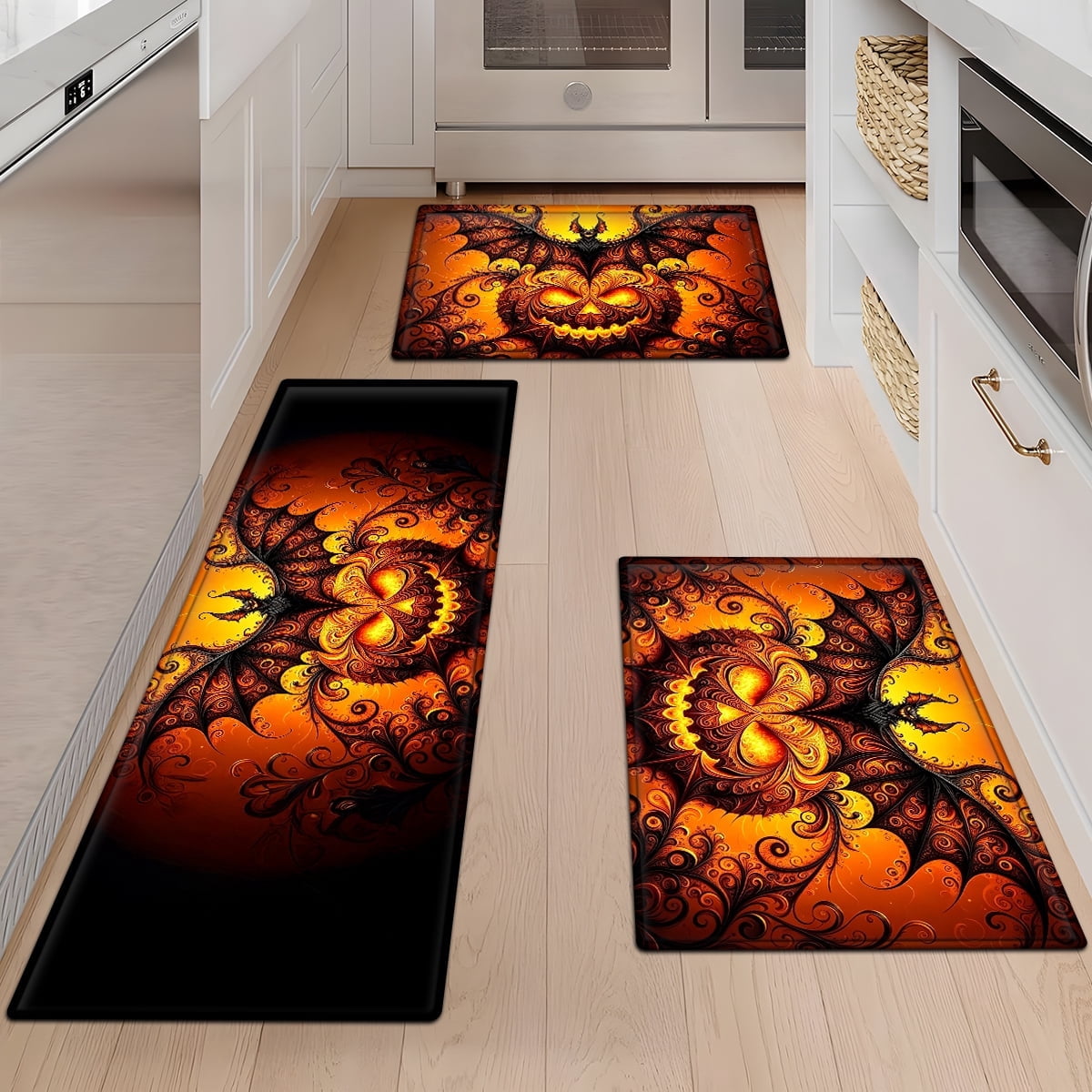 CCTFS Halloween Flame Pumpkin Bat 3Pcs Flannel Mat & Kitchen Rugs Set ...