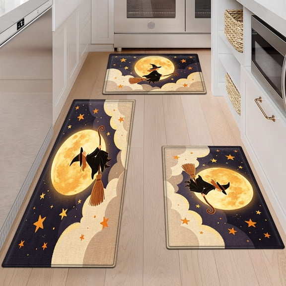 CCTFS Halloween Flying Witch 3Pcs Flannel Mat and Kitchen Rugs Set,Soft Non-slip,Perfect for Home Bathroom