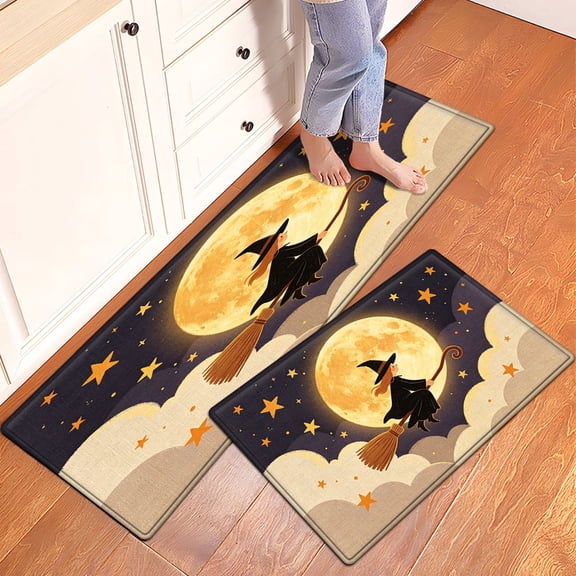 CCTFS Halloween Flying Witch Cozy Soft 2-Piece Flannel Mat and Kitchen Rugs,Non-slip for Bath Entryway
