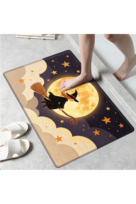 Halloween Flying Witch Multi-purpose 1-Piece Flannel Mat and Kitchen Rugs,Soft Non-slip for Home Bedroom Bathroom