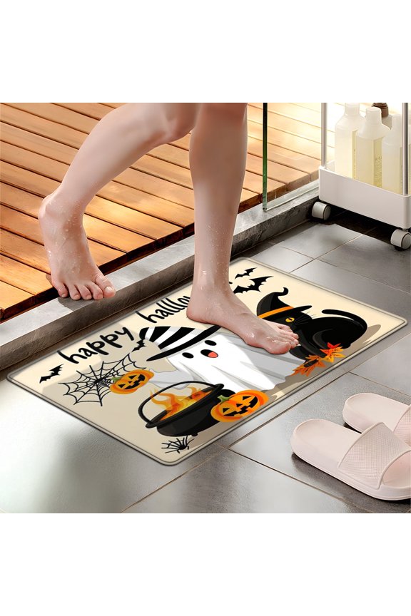 Halloween Ghost Pumpkin Cat 1Pc Flannel Mat and Kitchen Rugs,Soft Non-slip,Perfect for Home Bathroom