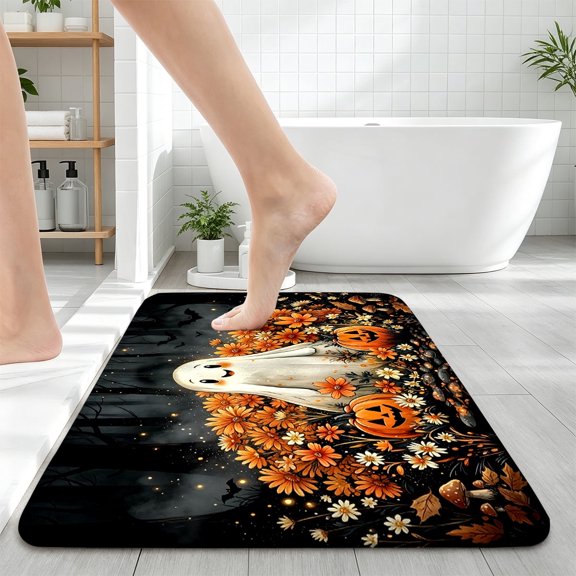 CCTFS Halloween Jack-o '-lantern Ghost Flower Bush Home Bathroom Rugs, 16''×24'' Soft and Non-slip for Wash Area
