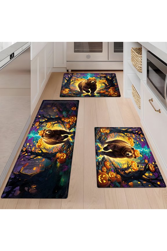 Halloween Jungle Bear Jack-o '-lantern Household 3Pcs Flannel Mat and Kitchen Rugs,Soft Non-slip for Bedroom Entryway