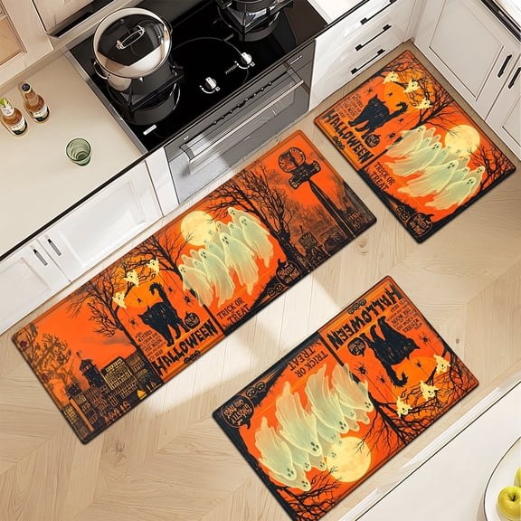 CCTFS Halloween Orange Black Ghost Black Cat Moon Household 3Pcs Flannel Mat and Kitchen Rugs,Soft Non-slip for Bedroom Entryway