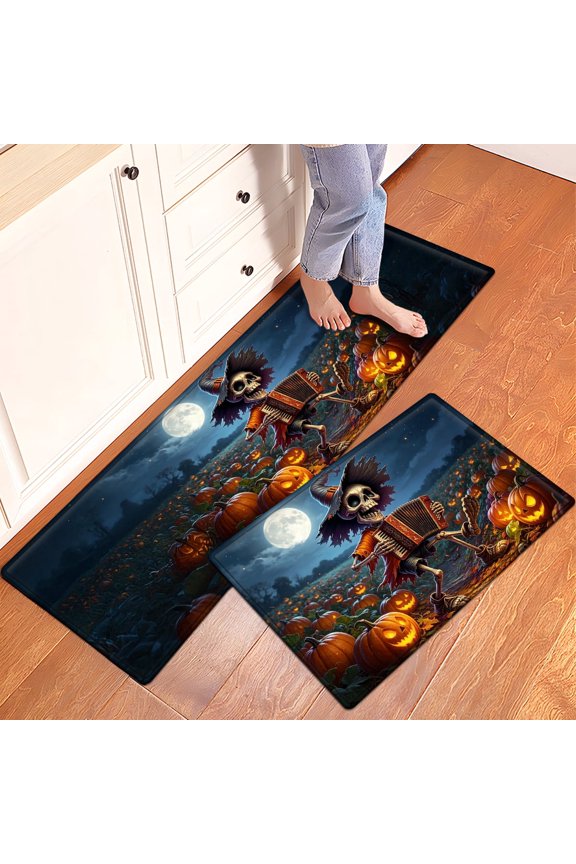 Halloween Orange Jack-o '-lantern Skull Accordion Moonlight Night Daily Use 2Pcs Flannel Mat and Kitchen Rugs,Soft Non-slip for Home Entryway Bathroom
