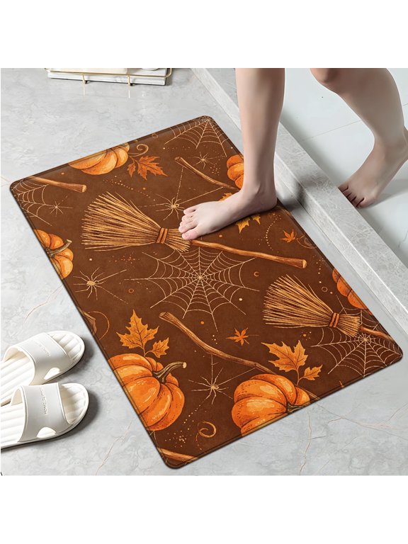 Halloween Orange Pumpkin 1Pc Flannel Mat & Kitchen Rugs,Soft Non-slip,16''×24'' Inches,for Entryway Bathroom