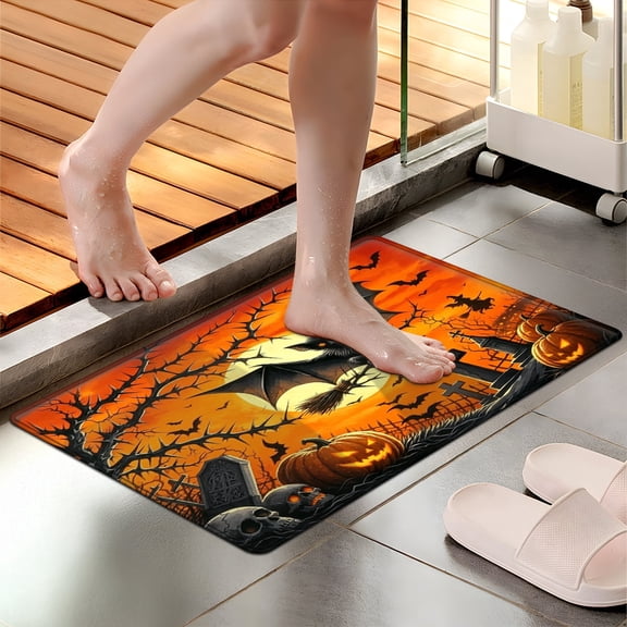 CCTFS Halloween Orange and Black Pumpkin Bat Soft Non-slip 1Pc Flannel Mat and Kitchen Rugs,16''x24'',for Bathroom Entryway Bedroom