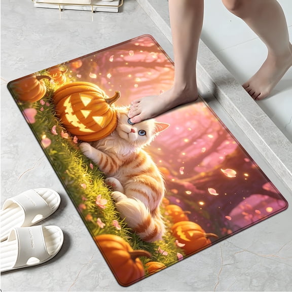 CCTFS Halloween Pink Pumpkin Soft Non-slip 1Pc Flannel Mat & Kitchen Rugs,Great for Entryway Bathroom